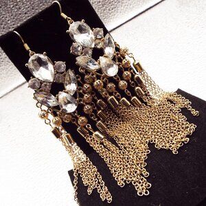 NWOT BRILLIANT CLEAR MULTI-CUT CRYSTALS LONG DANGLY BEADS & CHAINS EARRINGS 2